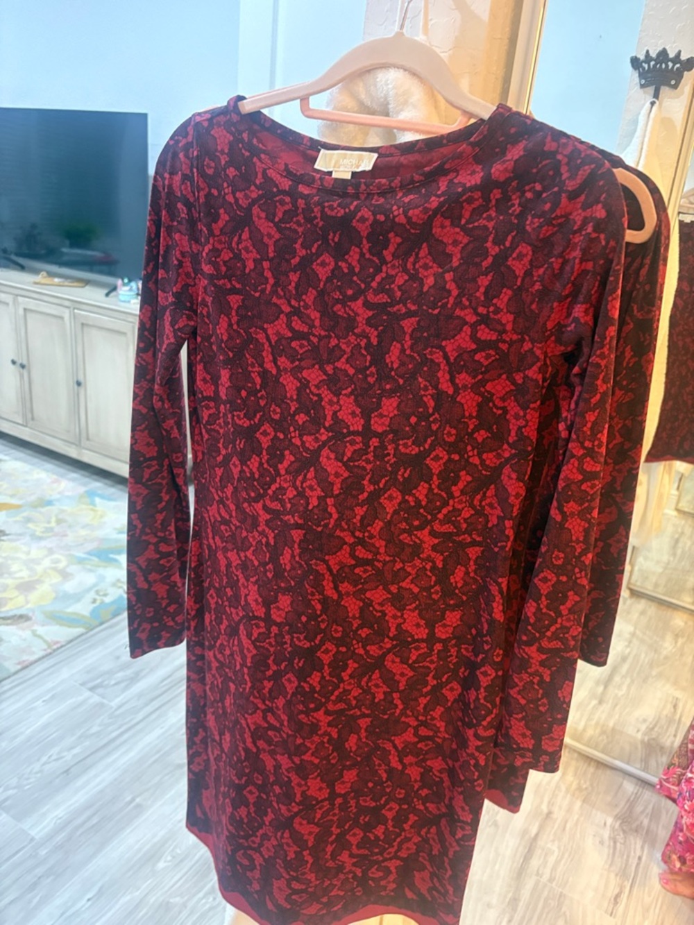 Michael Kors Red and Black Long Sleeve Patterned Dress